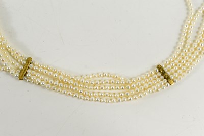 Lot 21 - A five strand seed pearl choker with 18ct gold...