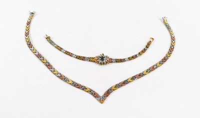 Lot 51a - A tri-colour herringbone necklace marked 9...