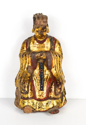 Lot 96 - A Chinese carved wooden figure of an Emperor,...