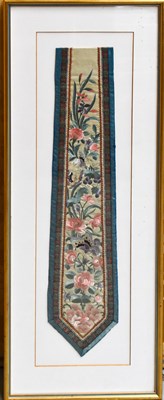 Lot 208 - A Chinese silk embroidered panel, of tapering...