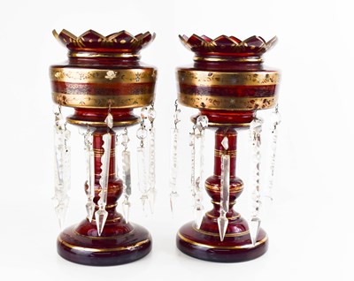 Lot 146 - A pair of Victorian ruby glass lustres, with...
