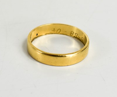 Lot 111 - An 18ct gold wedding band, flat form, size N,...