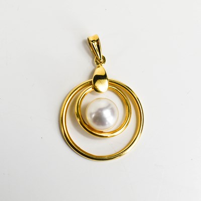 Lot 68 - An 18ct gold and pearl double hoop pendant,...