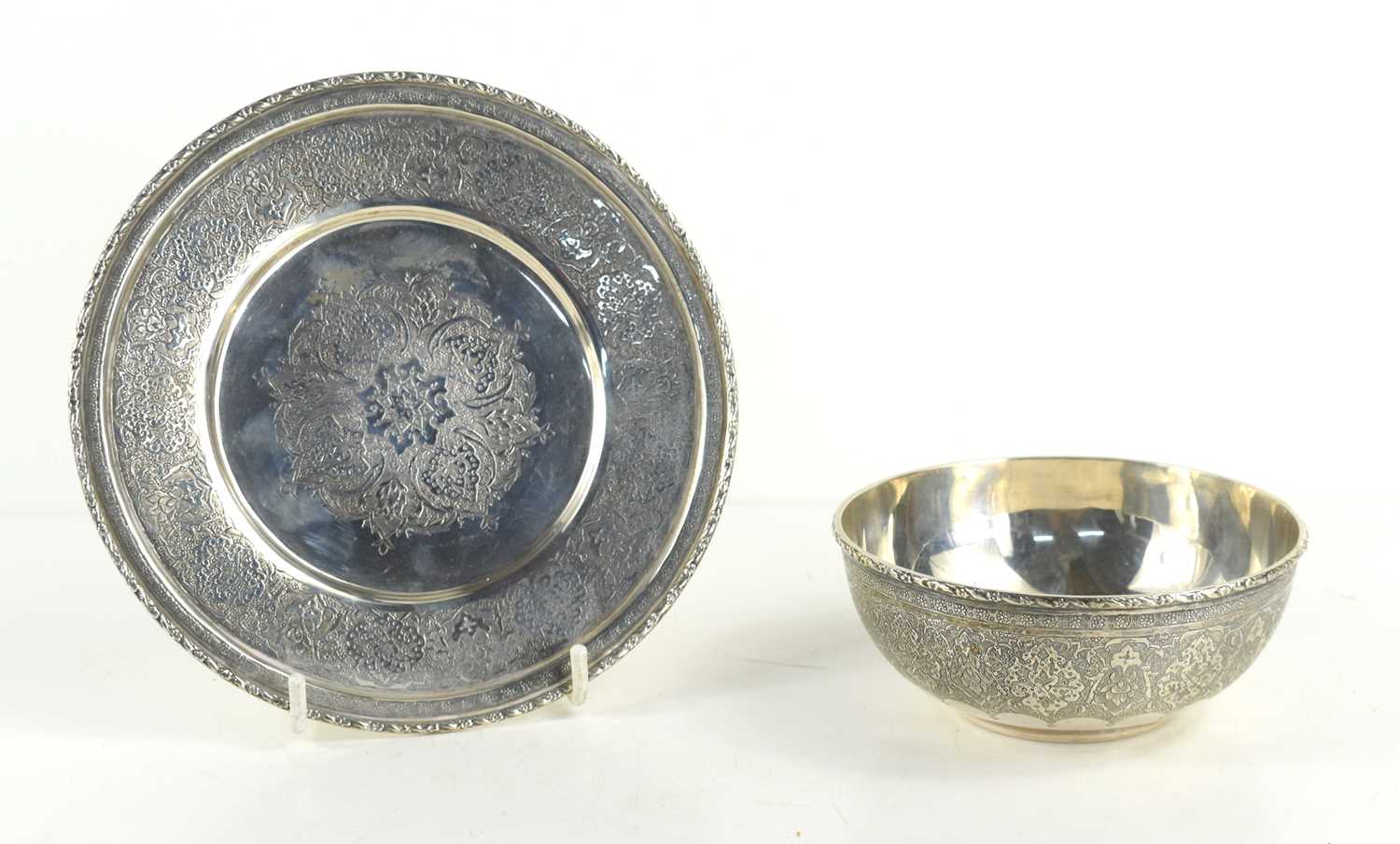 Lot 321 - A 20th century Iranian silver bowl and dish...