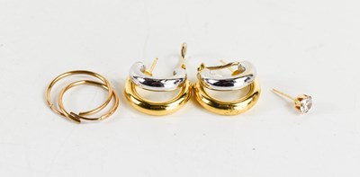 Lot 142 - A pair of 18ct bi-coloured gold half hoop...