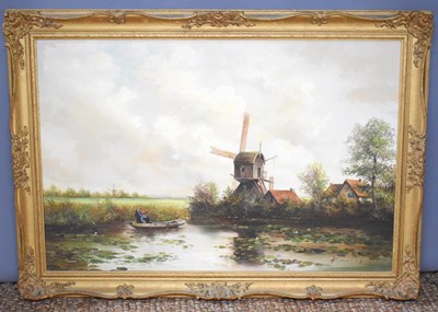 Lot 89 - Norfolk School: a punt in front of a windmill,...