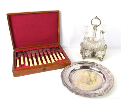 Lot 319 - An antique silver plated cruet set with six...