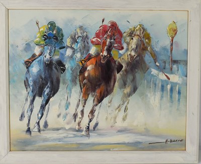 Lot 105 - An oil on canvas depicting racehorses,...