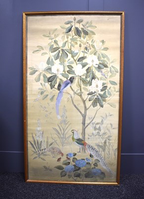 Lot 16 - A large watercolour depicting birds amidst...