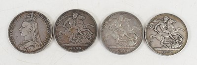 Lot 321 - Four Queen Victoria silver crowns dated 1893,...