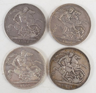 Lot 323 - Four Queen Victoria silver crowns dated 1893,...