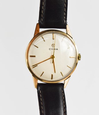 Lot 199 - A Cyma 9ct gold cased wristwatch, with black...