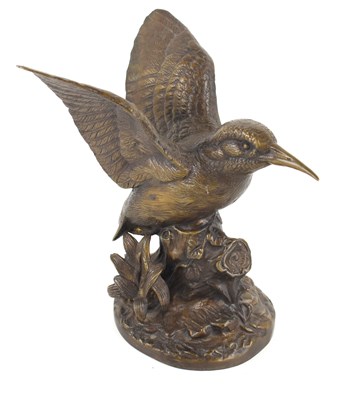 Lot 349 - A bronze sculpture of a Kingfisher with wings...