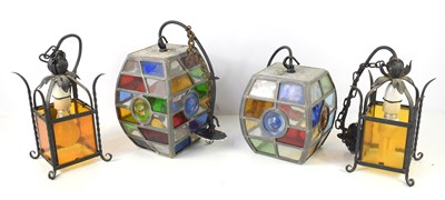 Lot 160 - Two pairs of coloured hanging lamps, each of...