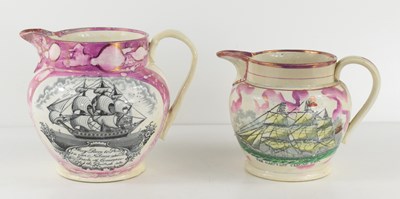 Lot 186 - Two Sunderland Lustre ware jugs, one depicting...