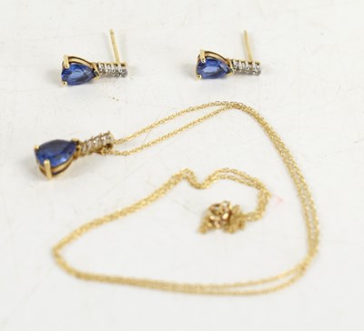 Lot 259 - A pair of 9ct gold, sapphire and diamond drop...