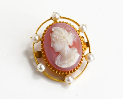 Lot 156 - A gold, cameo and pearl brooch of oval form,...