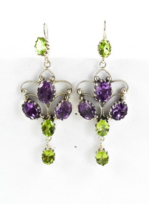 Lot 95 - A pair of silver, amethyst and peridot set...