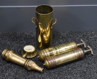 Lot 204 - Two brass travelling fire extinguishers: Auto...