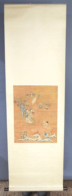 Lot 492 - A Chinese scroll with silk embroidered panel...