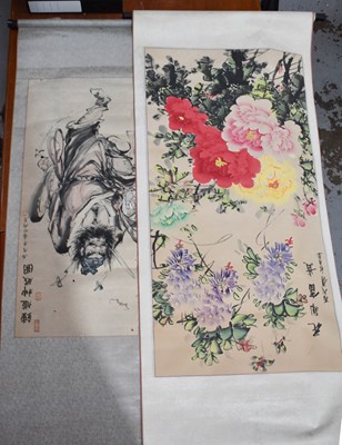 Lot 324 - Two Chinese scrolls, both hand painted, one...