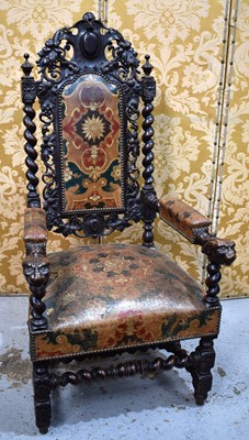 Lot 550 - A 19th century throne chair, the oak frame...