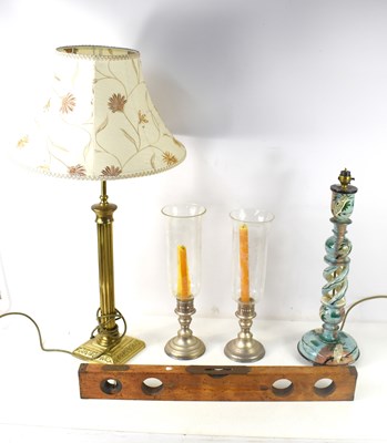 Lot 213 - A brass column form lamp together with a...