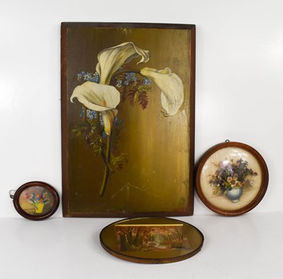 Lot 405 - A hand painted panel depicting peace lilies...