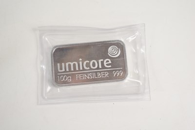 Lot 101 - A 100g Umicore silver bar, 999 finesse.