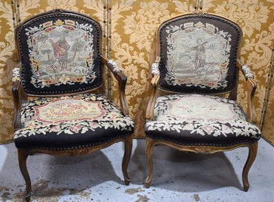 Lot 543 - A pair of French Louis XV style armchairs,...