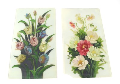 Lot 298 - Two hand painted floral glass panels, one...