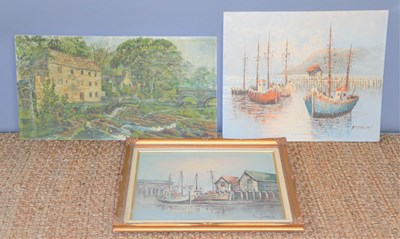 Lot 110 - Three vintage oil paintings depicting harbour...