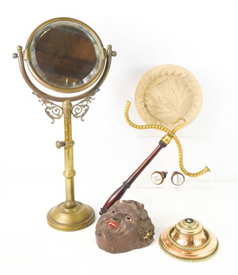 Lot 204 - A Victorian brass table mirror, a bronze and...