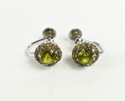 Lot 28 - A pair of 9ct white gold and lime green stone,...