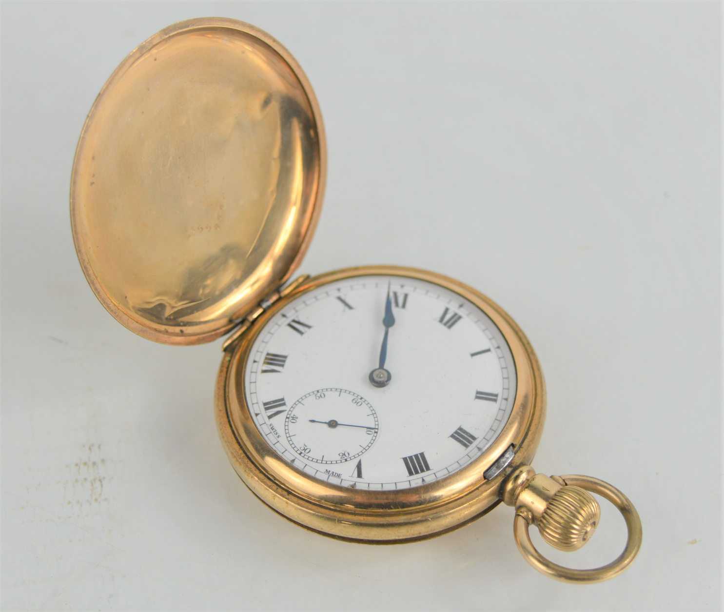 Lot 101 - A gold plated full hunter pocket watch in...