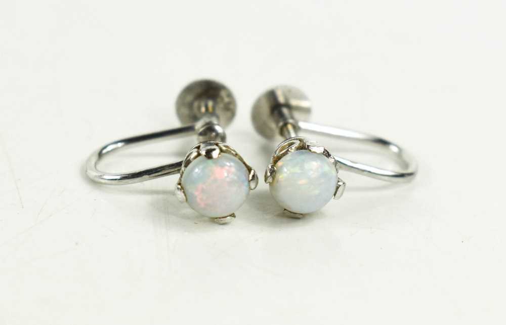 Lot 275 - A pair of 9ct white gold and opal earrings,...