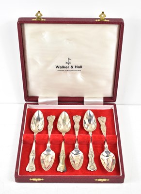 Lot 367 - A cased set of six Walker & Hall silver spoons...