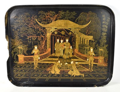 Lot 357 - A 19th century Chinese black lacquered tray,...