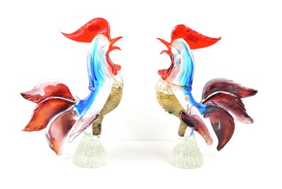 Lot 141 - A pair of Murano glass cockerels in red, white...