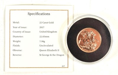 Lot 18 - A Queen Elizabeth II 22ct gold sovereign, 2017,...