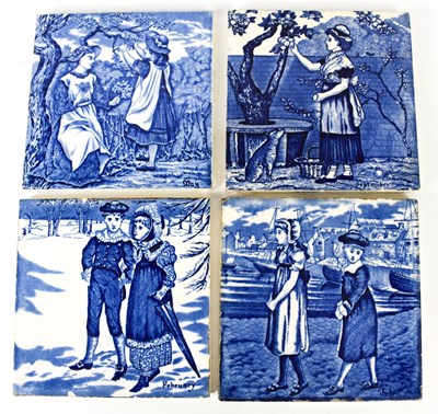 Lot 191 - Four Helen Miles blue and white month tiles;...