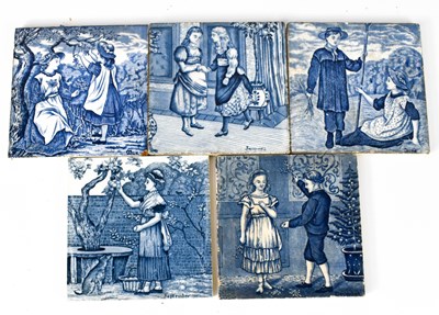 Lot 192 - Five Helen Miles blue and white month tiles;...