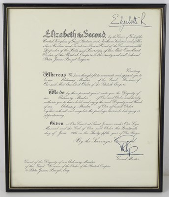 Lot 290 - A framed MBE certificate to Peter James Boizot,...