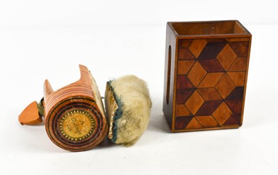 Lot 5 - A 19th century treen table clamp pin cushion,...