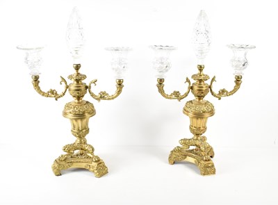 Lot 473 - A pair of gilt bronze and glass candelabra,...