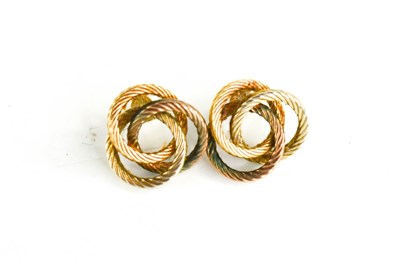 Lot 227 - A pair of 9ct tri-coloured gold knot earrings,...