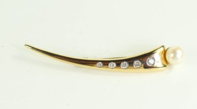 Lot 111 - A gold diamond and pearl brooch, of curved...