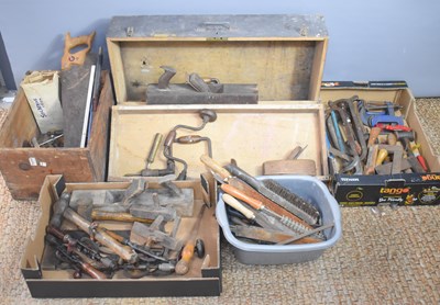 Lot 408 - A wooden carpenters tool box together with a...