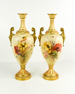 Lot 111 - A pair of Royal Worcester blush ivory vases,...