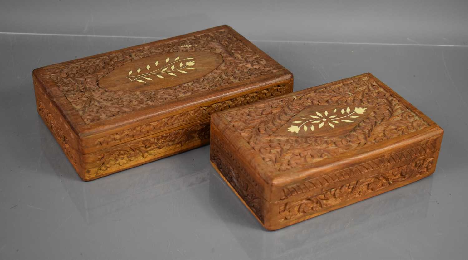 Lot 315 - Two Indonesian carved boxes, inlaid with bone...